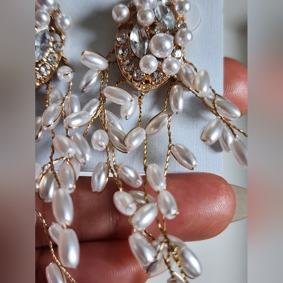 New Borrowed and Blue Women's Pearl & Rhinestones Drop Gold Vines Stud Earrings - Picture 5 of 13